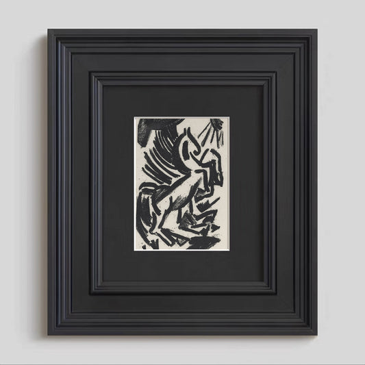 Vintage Oriental Abstract Horse Ink Wash Art - Solid Wood Framed Black，Mid-Century Modern Wall Art for Dining Room, Asian Calligraphy Inspired Bedroom Decor, Dark Academia aesthetic