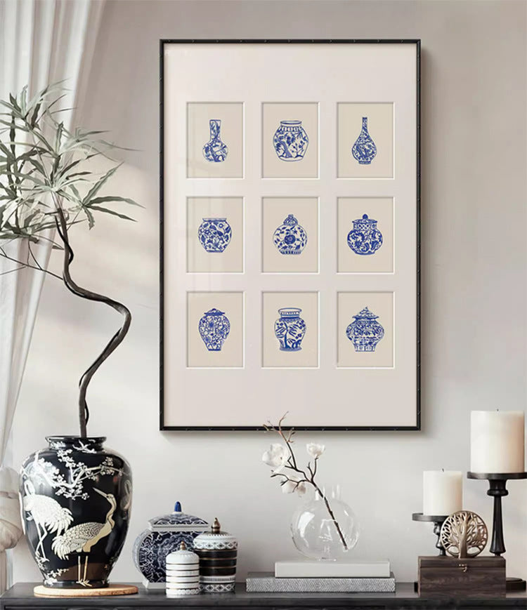 "Sino-French Blue White Porcelain Vase Wall Art, Modern Chinoiserie Canvas Print, Oriental Aesthetic Framed Painting for Living Room, Dining Room, Entryway Decor, Luxury Botanical Floral Hanging Art"