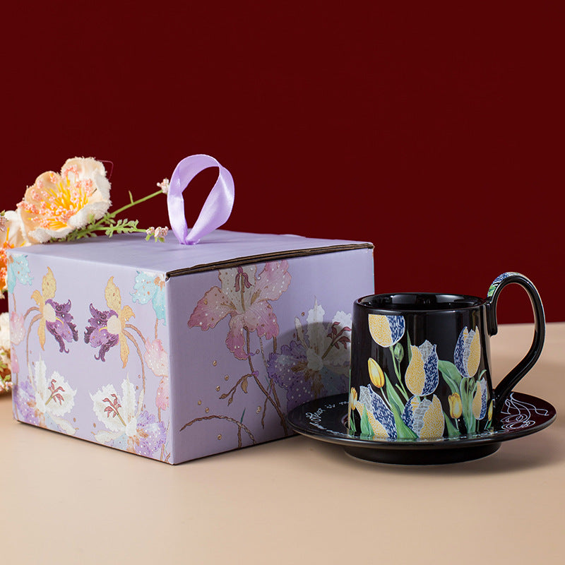 Tulip Ceramic Coffee Mug & Saucer Set, French Country Style Aesthetic Drinkware, Instagram-Worthy Vintage Tea Cup, Luxury Gift Box for Mother's Day, Housewarming & Bridal Shower