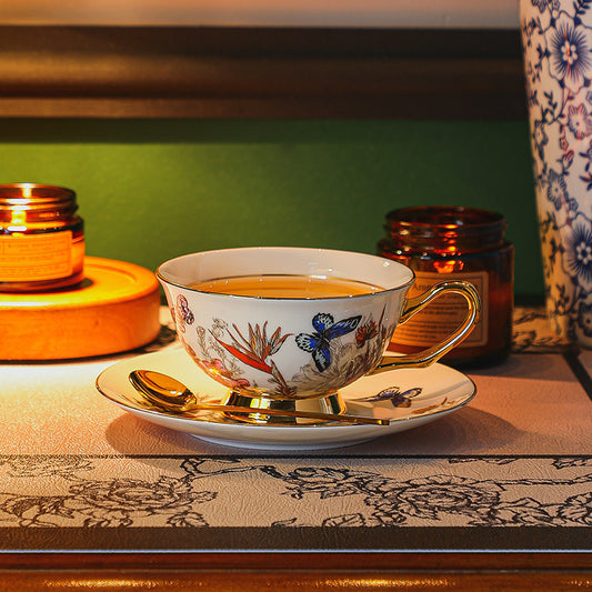 European Style Fine Bone China Coffee Cup and Saucer Set, Vintage Floral & Butterfly Embossed Tea Cup Set, Luxury Gold Rim Tea Party Tableware, Microwave Safe, Elegant Gift Box for Wedding Housewarming Mother's Day - Aesthetic Home Decor