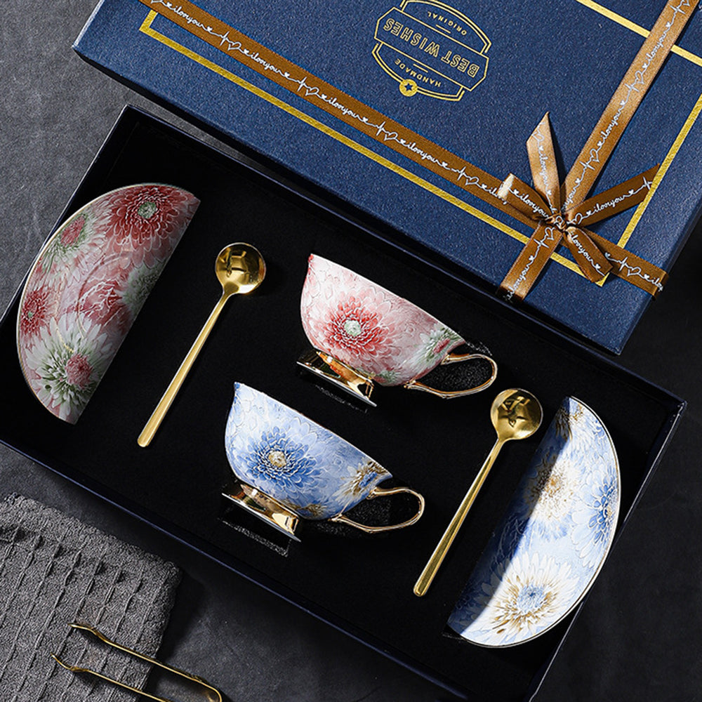 Luxury Fine Bone China Coffee Cup Set - Elegant Afternoon Tea Cups & Saucers, High-End Minimalist Tableware with Premium Aesthetic, Unique Gift Box for Housewarming & Weddings