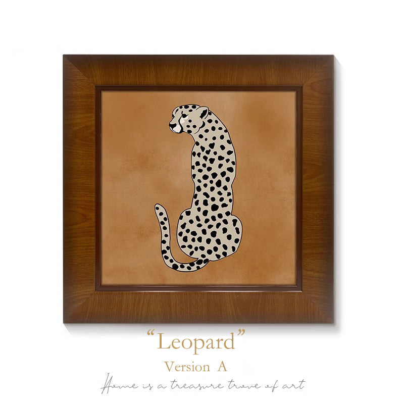 "Money Leopard" French Mid-Century Modern Wall Art Set, Solid Wood Frame Gallery Canvas Prints, Luxury Safari Animal Painting for Living Room Sofa Background Wal