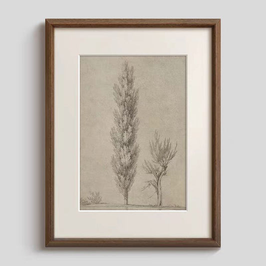 Vintage French Mid-Century Modern Wall Art - Black and White Tree Sketch Drawing, Solid Wood Framed Botanical Art Wall for Living Room, Minimalist Abstract，Wabi-Sabi Inspired Entryway Mural, Ready to Hang Study Room Decor