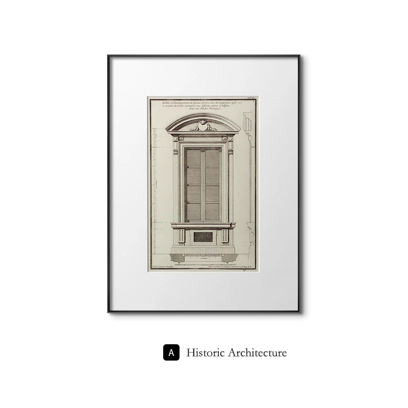 Classical architecture European-style light luxury living room decorative paintings, niche retro black and white set of paintings, hallway entrance artwork, mid-century modern wall art.（Set）