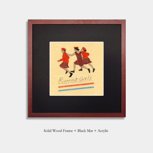 A Solid wood frame Vintage Vinyl Record Wall Art, Retro Running Girls Poster, Mid-Century Modern Decor, Boho Chic Living Room, Small Batch Art, Airbnb Interior Mural, Aesthetic Music Themed Decor for Walls