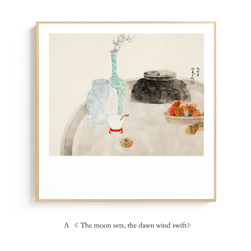 "Tranquil Moments Wall Art - New Chinese Style Wabi-Sabi Square Canvas Print, Zen Oriental Ink Painting with Nature Inspired Design for Home Decor"