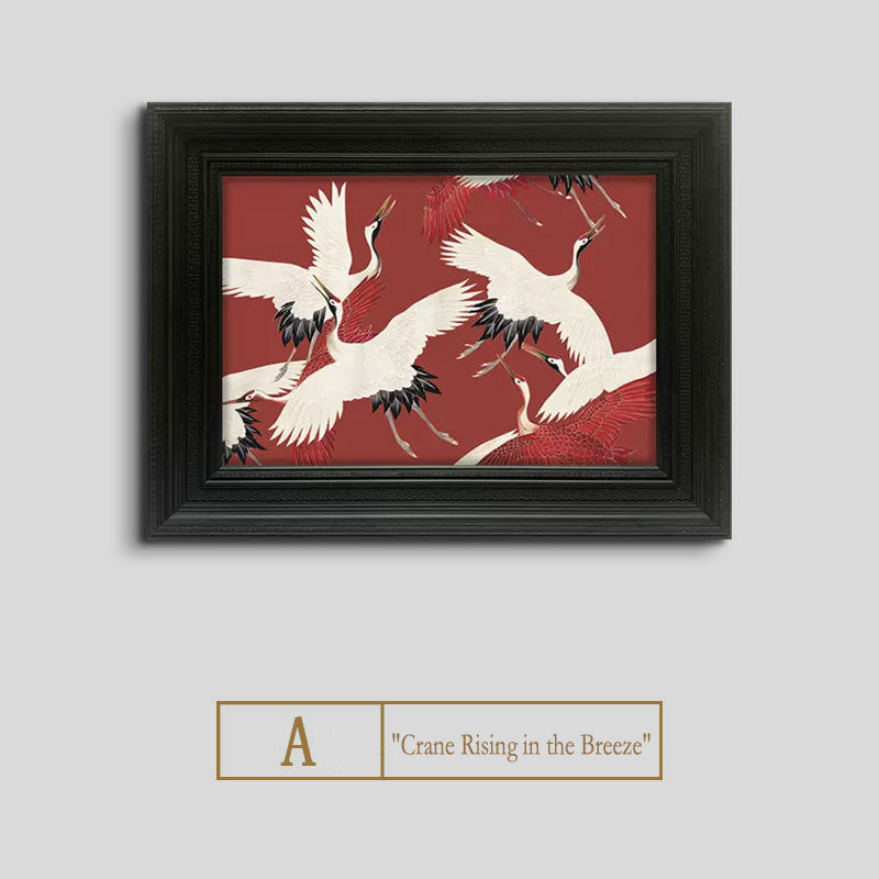 "New Chinese Style Crane Painting 'Breeze with Rising Crane', Boho Chic Mid-Century Modern Wall Art, Oriental Zen Decor for Living Room, Dining Room, Entryway, Gold Leaf Canvas Print for Luxury Home Decor"