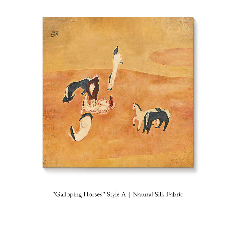 Natural Silk "Group of Horses" Wall Art, French Mid-Century Modern Tapestry, Chinese Oriental Retro Style Living Room Painting, Abstract Equestrian Decor for Bedroom