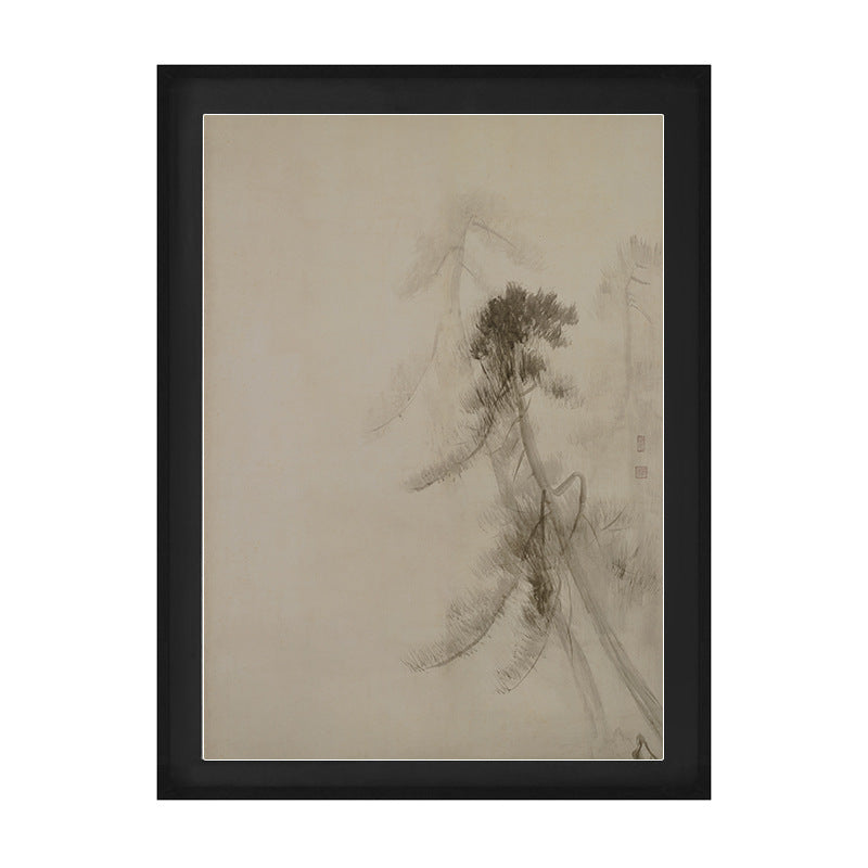 "Wabi-Sabi Pine Forest Wall Art, Mid-Century Modern Chinese Ink Painting, Zen Landscape Canvas Print for Entryway Hallway, Asian Minimalist Scroll, Living Room Sofa Background Mural, Natural Textured Art"