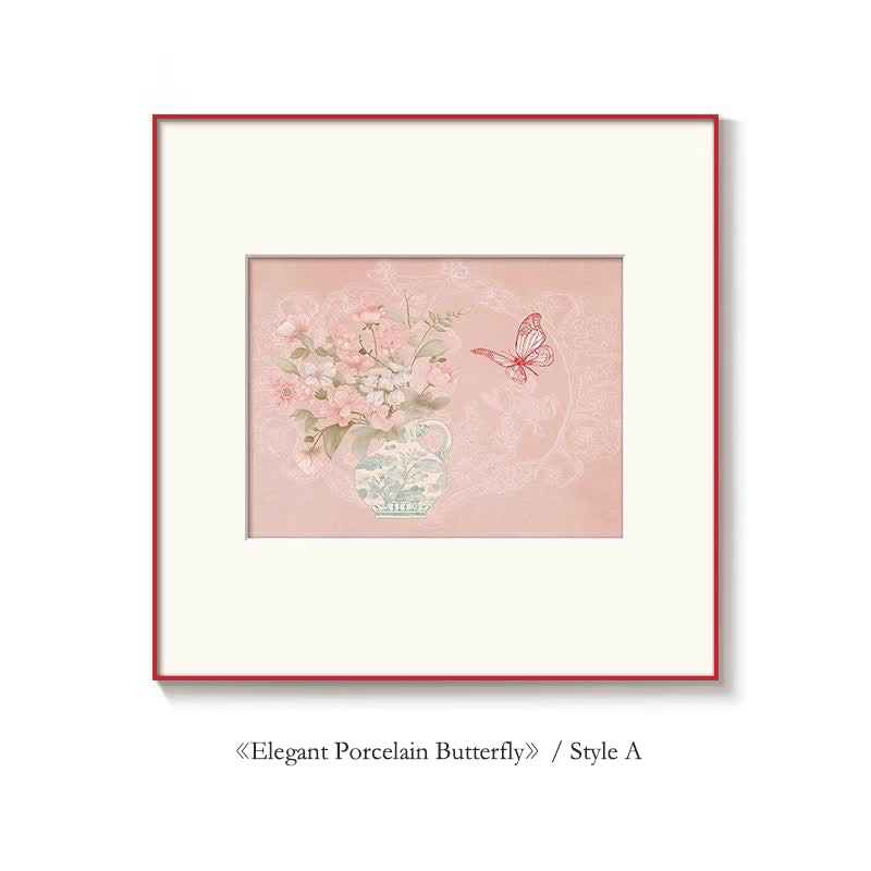 "Elegant Porcelain Butterfly" Natural Silk Fabric French Floral Wall Art, Chinoiserie Ceramic Painting for Dining Room Sideboard, Mid-Century Modern Girls Room Decor, Blue White Vase Canvas Print