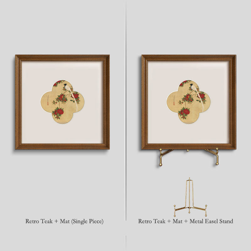 A"Solid Wood  Frame Chinese Gongbi Flower Bird Painting, French Mid-Century Modern Wall Art, New Asian Style Home Decor for Entryway, Living Room, Bedroom, Tea Room, Minimalist Desktop Display Art, Serene Botanical"