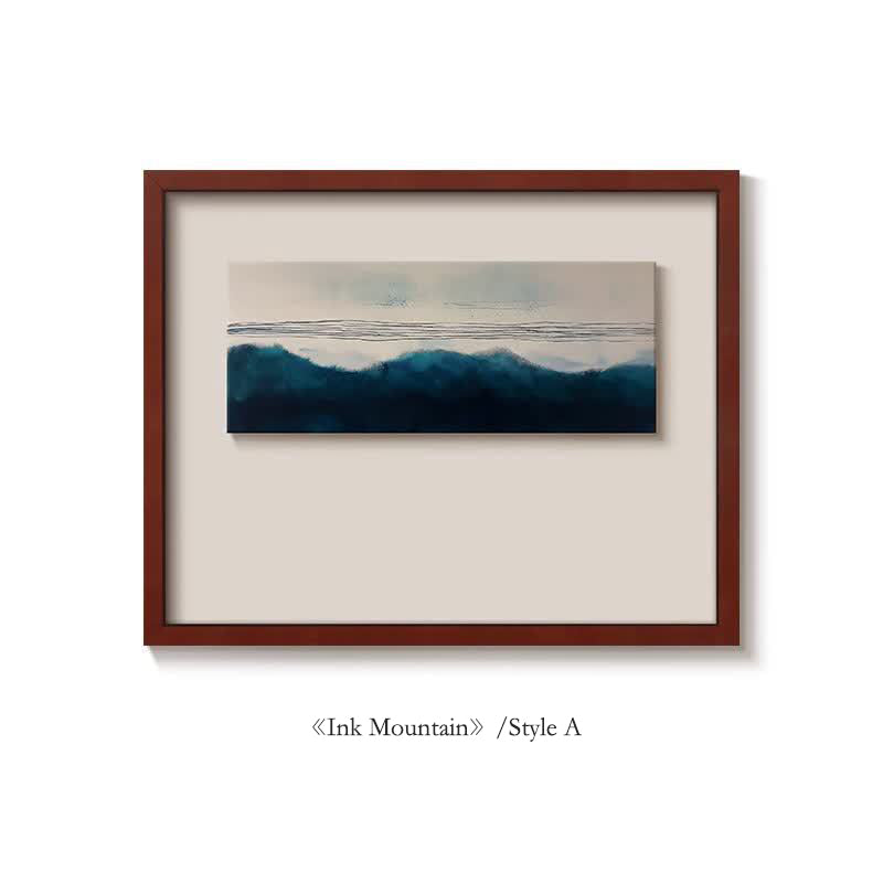 "Ink Mountain" Natural Vintage-style Silk Fabric Asian Mid-Century Modern Wall Art, Textured Canvas Painting for Restaurant & Dining Room, Zen Minimalist Background Decor, Abstract Landscape Print