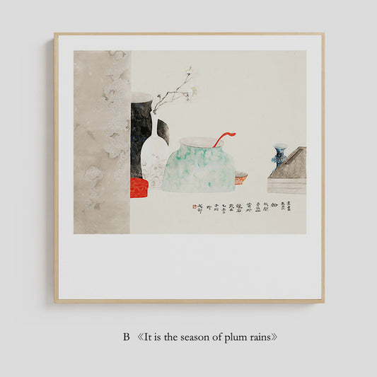 "Tranquil Moments Wall Art - New Chinese Style Wabi-Sabi Square Canvas Print, Zen Oriental Ink Painting with Nature Inspired Design for Home Decor"
