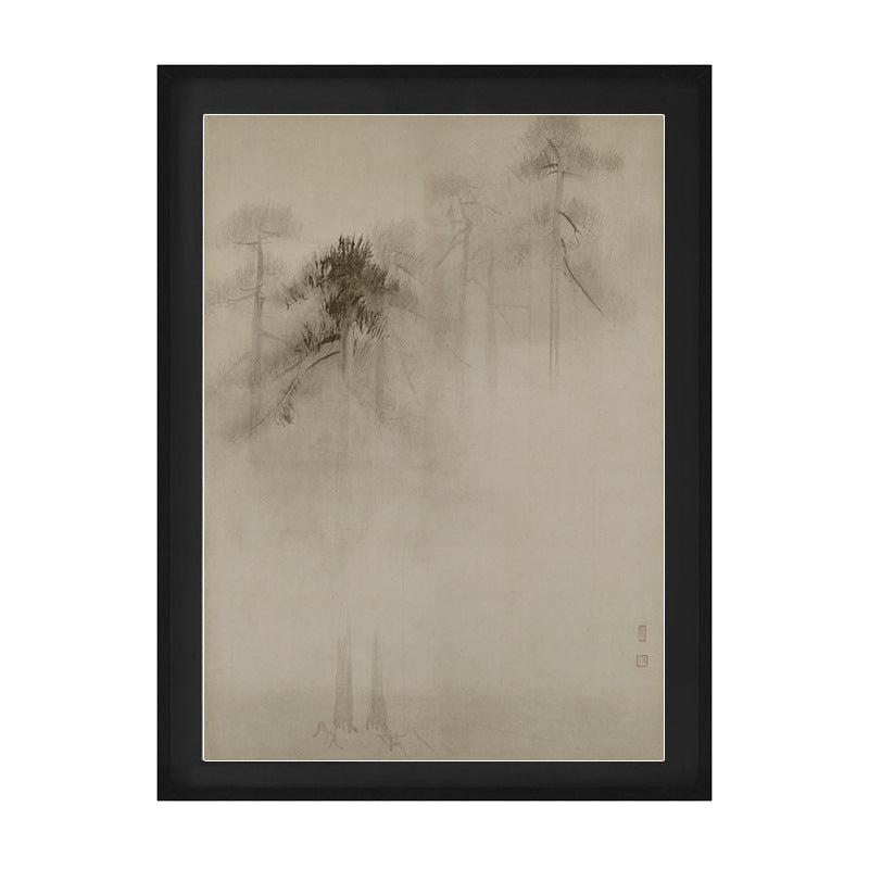 "Wabi-Sabi Pine Forest Wall Art, Mid-Century Modern Chinese Ink Painting, Zen Landscape Canvas Print for Entryway Hallway, Asian Minimalist Scroll, Living Room Sofa Background Mural, Natural Textured Art"