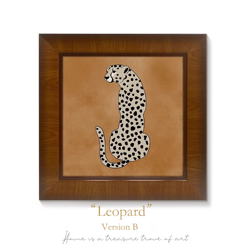 "Money Leopard" French Mid-Century Modern Wall Art Set, Solid Wood Frame Gallery Canvas Prints, Luxury Safari Animal Painting for Living Room Sofa Background Wal
