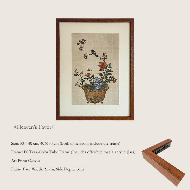 Asian Floral and Bird Artwork - Small Batch New Chinese Style Zen Mural for Living Room, Hallway, Mid-Century Modern Dresser Top Painting, Oriental Home Decoration