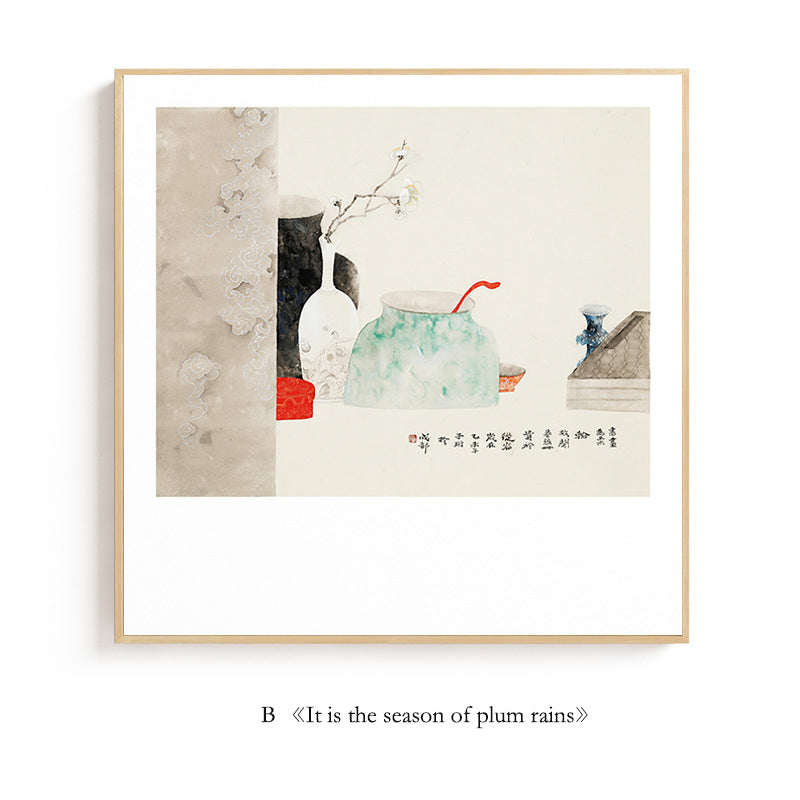 "Tranquil Moments Wall Art - New Chinese Style Wabi-Sabi Square Canvas Print, Zen Oriental Ink Painting with Nature Inspired Design for Home Decor"