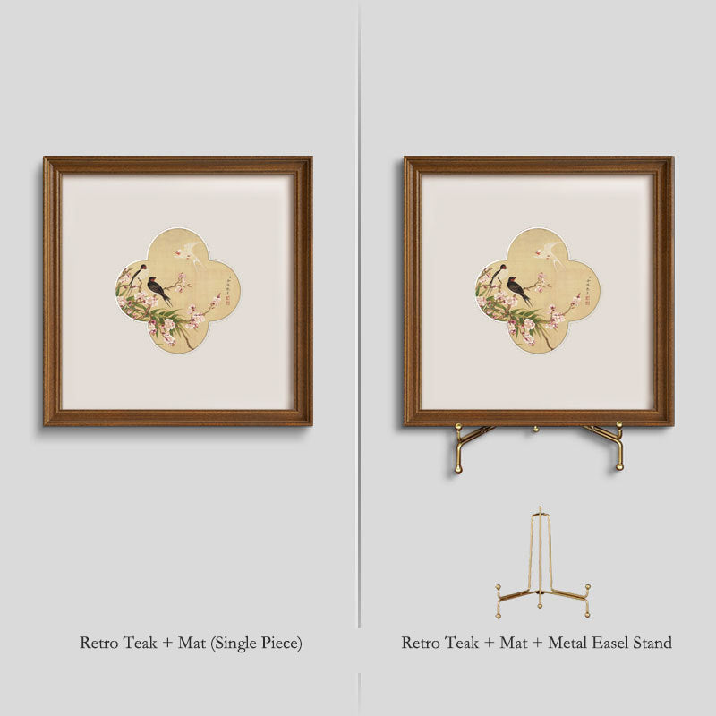 A"Solid Wood  Frame Chinese Gongbi Flower Bird Painting, French Mid-Century Modern Wall Art, New Asian Style Home Decor for Entryway, Living Room, Bedroom, Tea Room, Minimalist Desktop Display Art, Serene Botanical"