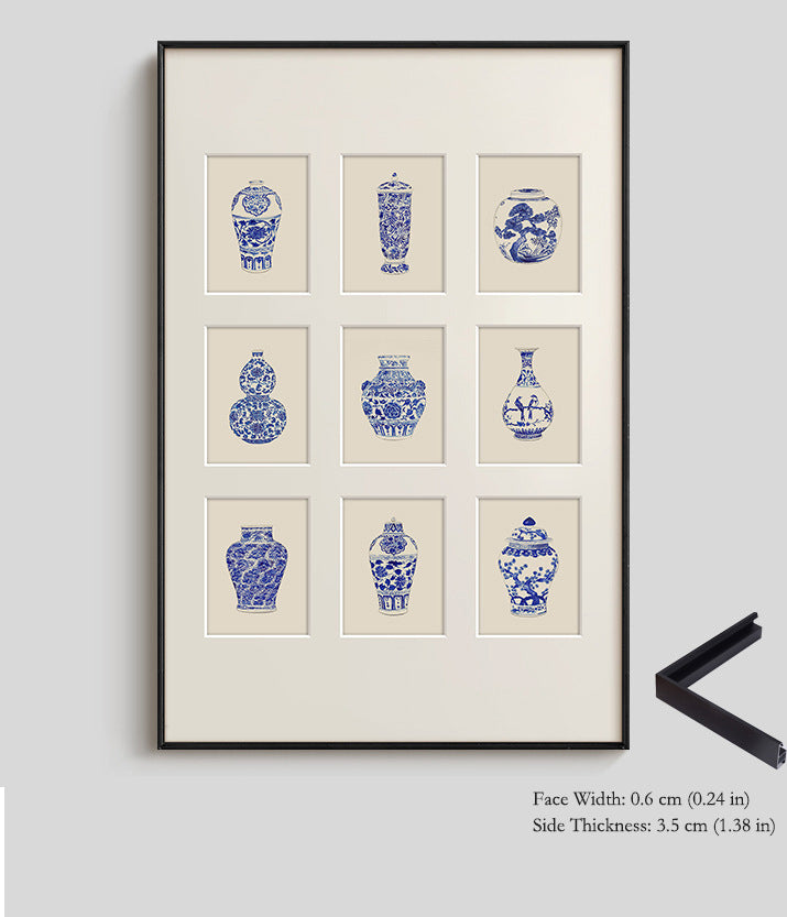 "Sino-French Blue White Porcelain Vase Wall Art, Modern Chinoiserie Canvas Print, Oriental Aesthetic Framed Painting for Living Room, Dining Room, Entryway Decor, Luxury Botanical Floral Hanging Art"