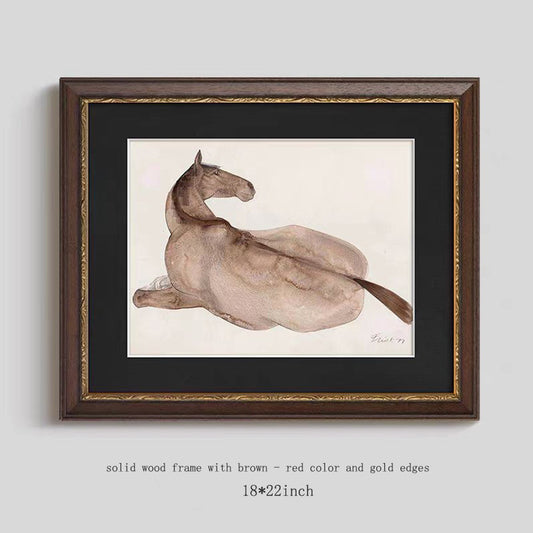 Vintage French Mid-Century Modern Equestrian Wall Art - Brown-Red Gold Trim Solid Wood Framed Abstract Horse Painting, Equestrian Print for Living Room, Curated Gallery Ready Dining Room Decor, Wabi-Sabi Inspired Entryway Mural, Dark Academia Bedroom