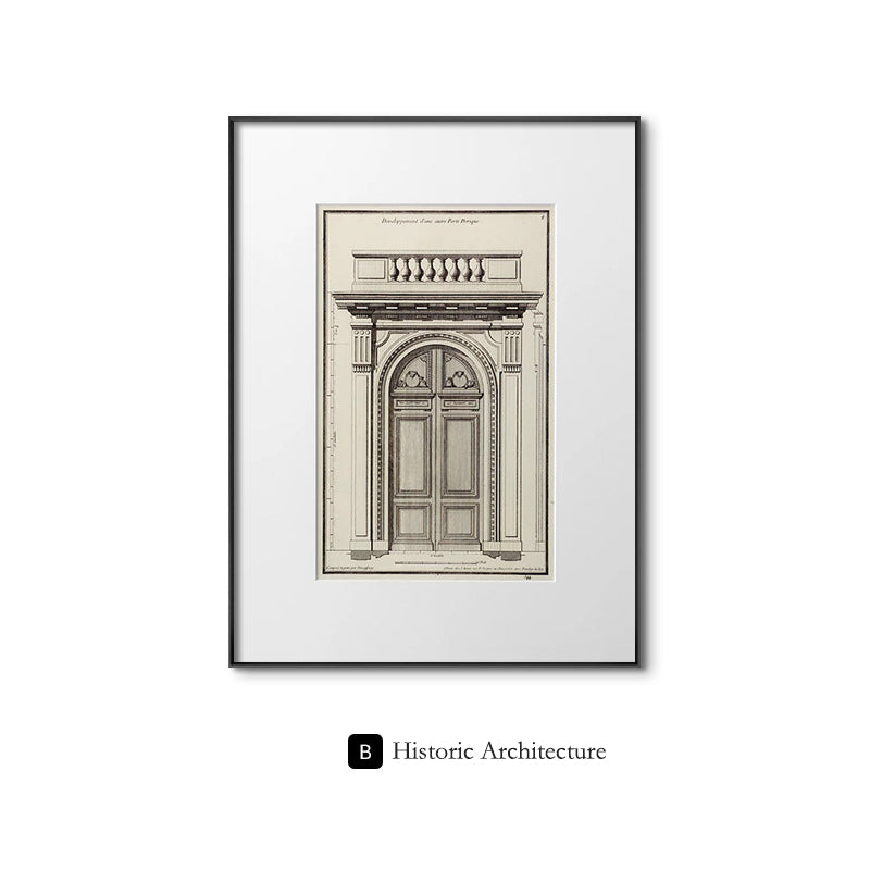 Classical architecture European-style light luxury living room decorative paintings, niche retro black and white set of paintings, hallway entrance artwork, mid-century modern wall art.（Set）