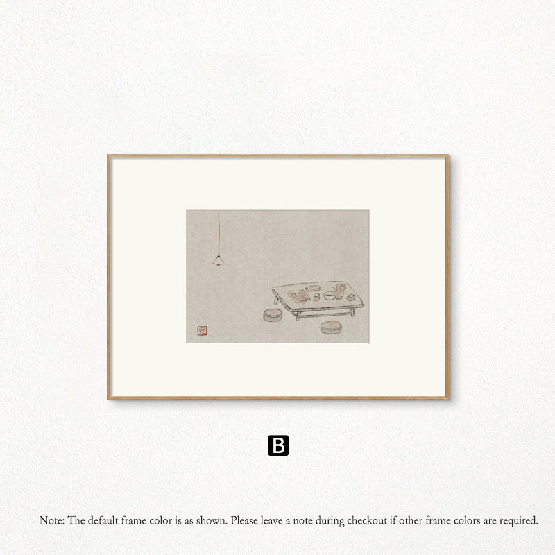 Z"Japanese Zen Wall Art, Minimalist Ink Wash Painting, Asian Still Life Art for Study Room & Bedroom Decor, Natural Wood Framed Calming Buddhist-Inspired Scroll for Hotel & Airbnb"