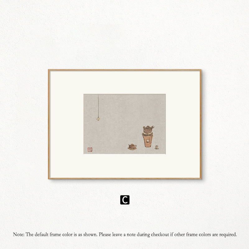 Z"Japanese Zen Wall Art, Minimalist Ink Wash Painting, Asian Still Life Art for Study Room & Bedroom Decor, Natural Wood Framed Calming Buddhist-Inspired Scroll for Hotel & Airbnb"