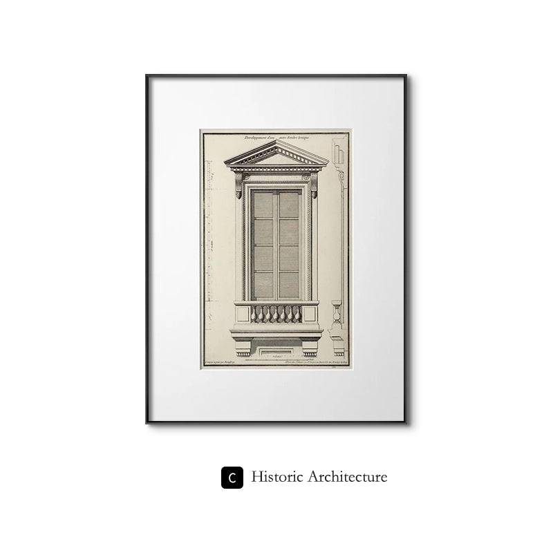 Classical architecture European-style light luxury living room decorative paintings, niche retro black and white set of paintings, hallway entrance artwork, mid-century modern wall art.