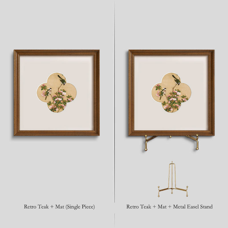 A"Solid Wood  Frame Chinese Gongbi Flower Bird Painting, French Mid-Century Modern Wall Art, New Asian Style Home Decor for Entryway, Living Room, Bedroom, Tea Room, Minimalist Desktop Display Art, Serene Botanical"