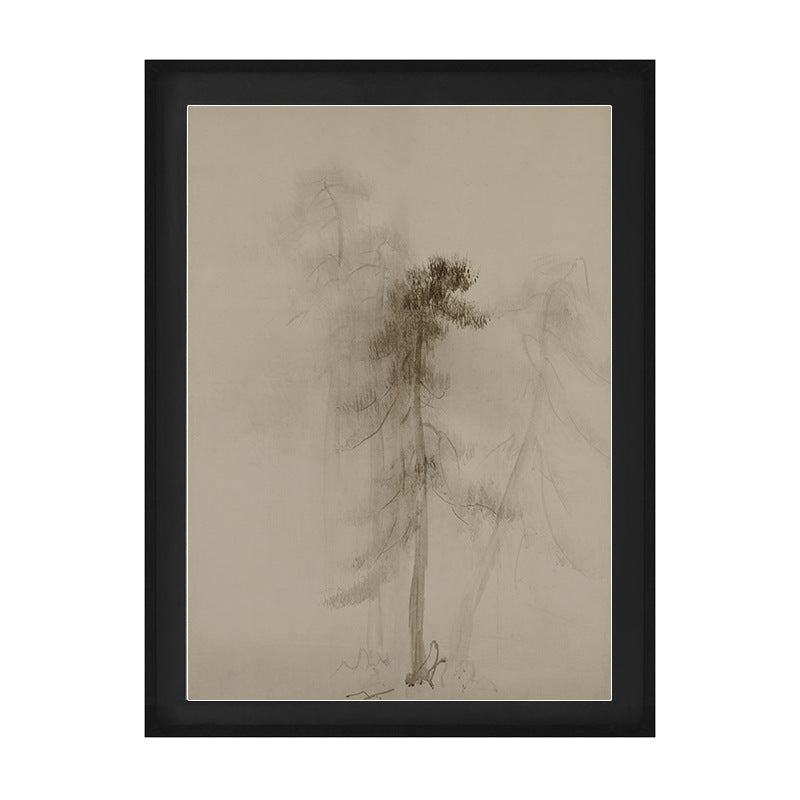 "Wabi-Sabi Pine Forest Wall Art, Mid-Century Modern Chinese Ink Painting, Zen Landscape Canvas Print for Entryway Hallway, Asian Minimalist Scroll, Living Room Sofa Background Mural, Natural Textured Art"