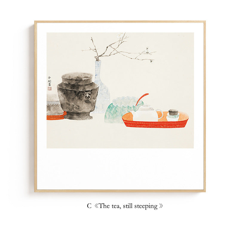 "Tranquil Moments Wall Art - New Chinese Style Wabi-Sabi Square Canvas Print, Zen Oriental Ink Painting with Nature Inspired Design for Home Decor"