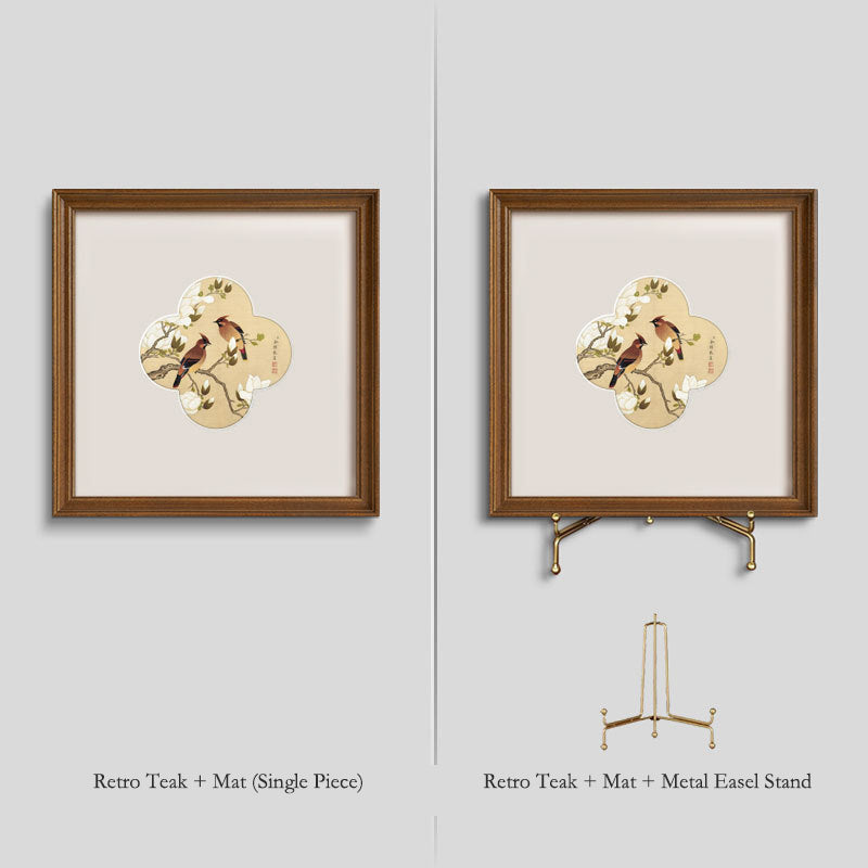 A"Solid Wood  Frame Chinese Gongbi Flower Bird Painting, French Mid-Century Modern Wall Art, New Asian Style Home Decor for Entryway, Living Room, Bedroom, Tea Room, Minimalist Desktop Display Art, Serene Botanical"