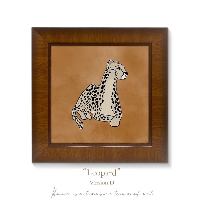 "Money Leopard" French Mid-Century Modern Wall Art Set, Solid Wood Frame Gallery Canvas Prints, Luxury Safari Animal Painting for Living Room Sofa Background Wal