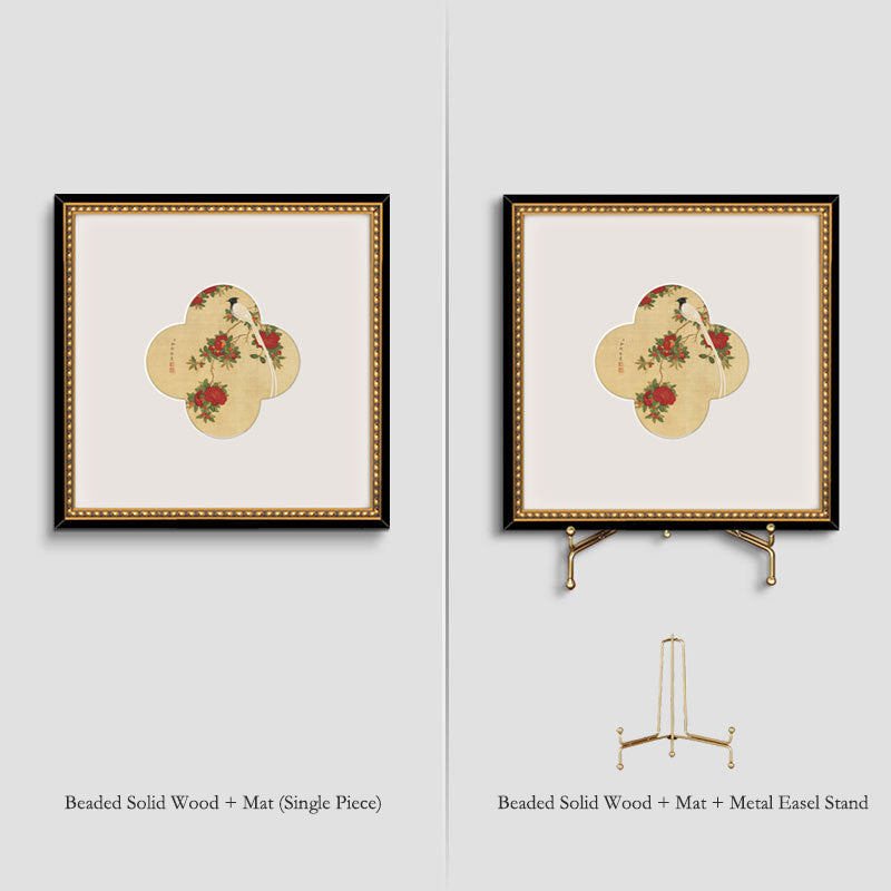 A"Solid Wood  Frame Chinese Gongbi Flower Bird Painting, French Mid-Century Modern Wall Art, New Asian Style Home Decor for Entryway, Living Room, Bedroom, Tea Room, Minimalist Desktop Display Art, Serene Botanical"