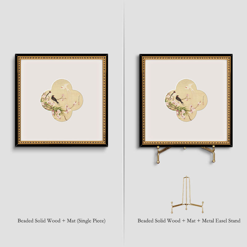 A"Solid Wood  Frame Chinese Gongbi Flower Bird Painting, French Mid-Century Modern Wall Art, New Asian Style Home Decor for Entryway, Living Room, Bedroom, Tea Room, Minimalist Desktop Display Art, Serene Botanical"