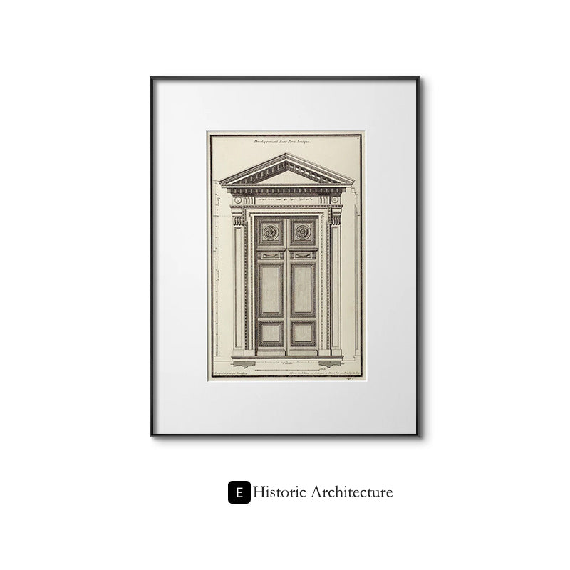 Classical architecture European-style light luxury living room decorative paintings, niche retro black and white set of paintings, hallway entrance artwork, mid-century modern wall art.