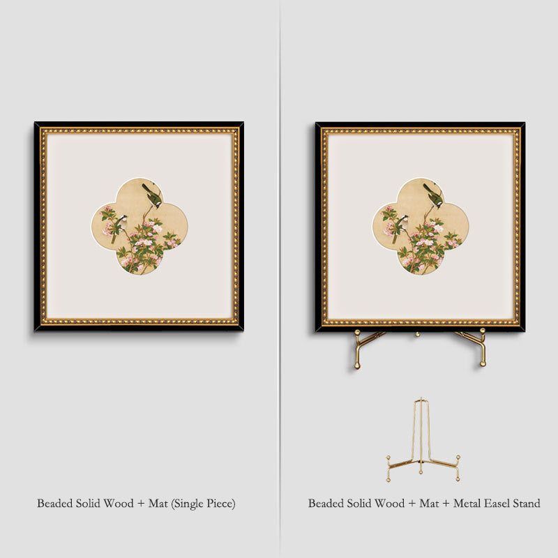 A"Solid Wood  Frame Chinese Gongbi Flower Bird Painting, French Mid-Century Modern Wall Art, New Asian Style Home Decor for Entryway, Living Room, Bedroom, Tea Room, Minimalist Desktop Display Art, Serene Botanical"