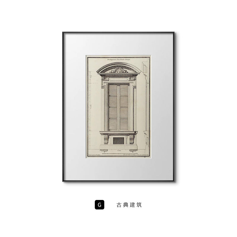 Classical architecture European-style light luxury living room decorative paintings, niche retro black and white set of paintings, hallway entrance artwork, mid-century modern wall art.