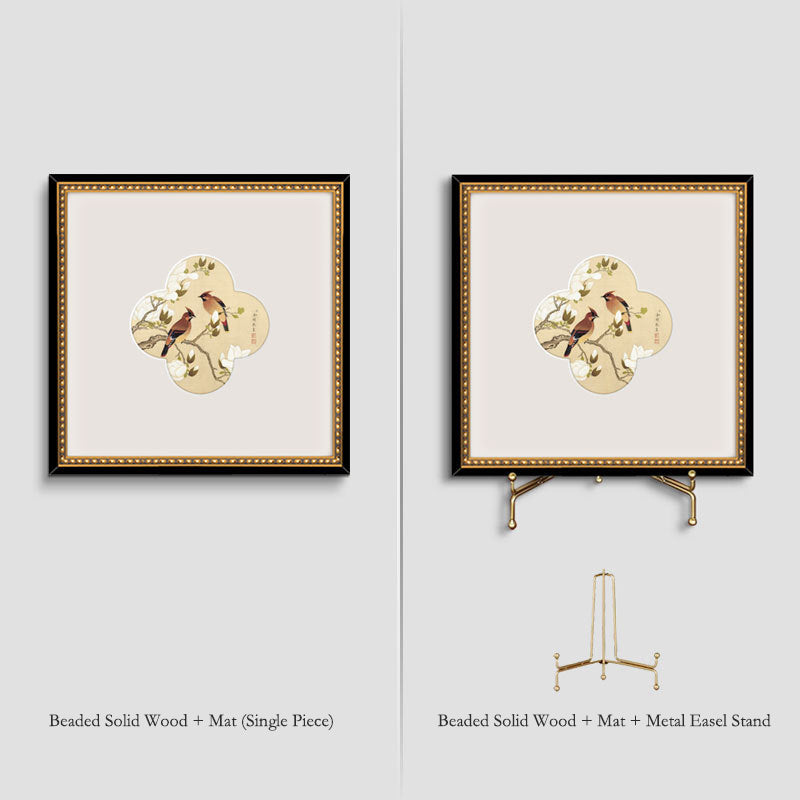 A"Solid Wood  Frame Chinese Gongbi Flower Bird Painting, French Mid-Century Modern Wall Art, New Asian Style Home Decor for Entryway, Living Room, Bedroom, Tea Room, Minimalist Desktop Display Art, Serene Botanical"