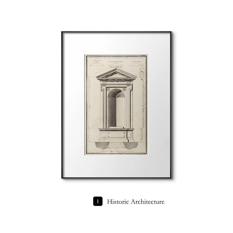 Classical architecture European-style light luxury living room decorative paintings, niche retro black and white set of paintings, hallway entrance artwork, mid-century modern wall art.（Set）