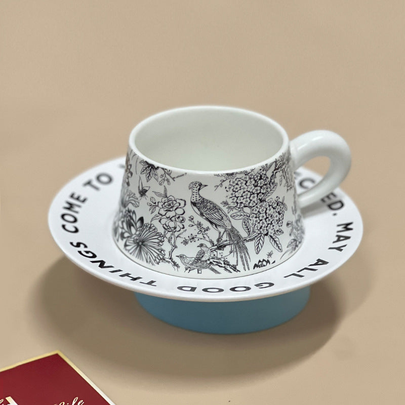 Vintage French Ceramic Coffee Mugs & Saucers Set, Large Capacity Floral Bird Print - Elegant Boho Retro Cups for Tea, Cafe Au Lait, Gift Box with Gold Trim