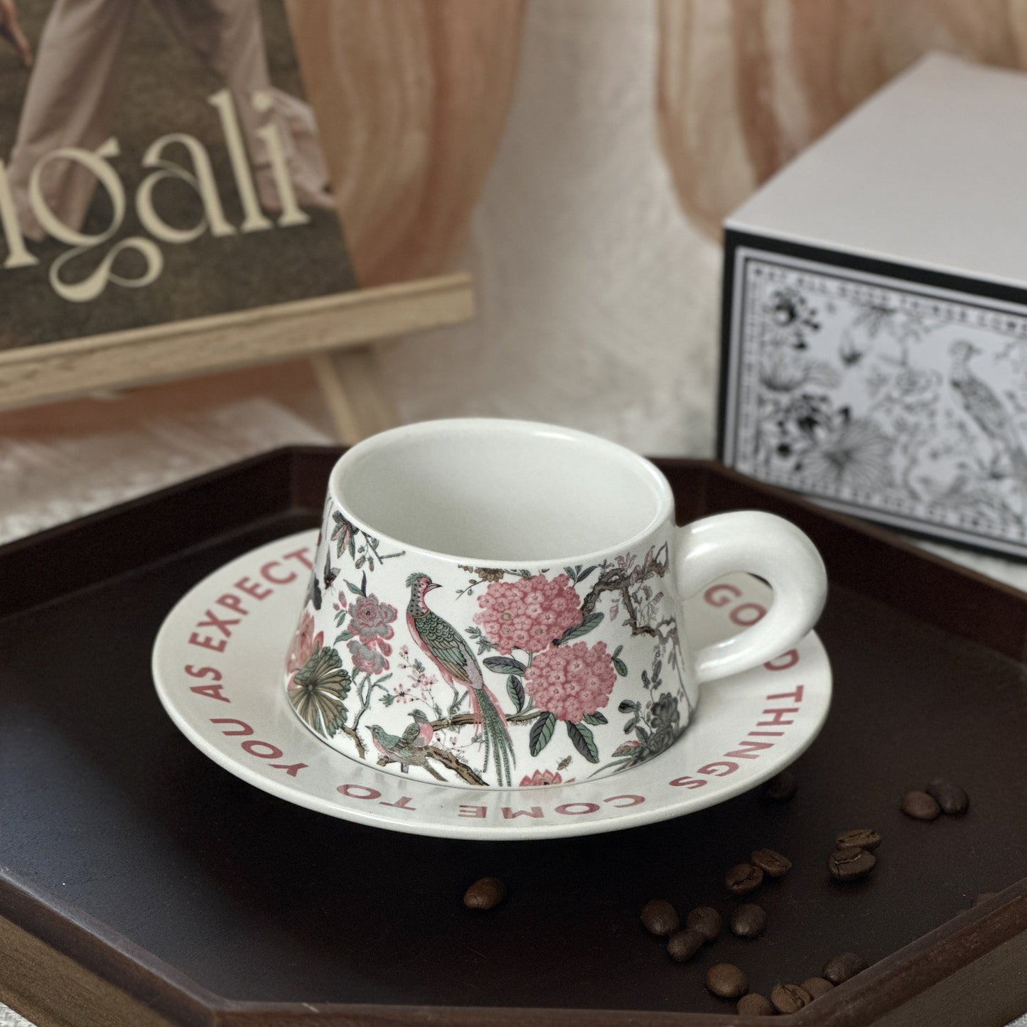 Floral Garden Ceramic Coffee Mug & Saucer Set, Hand-Painted Tea Cup with Gift Box for Women, Elegant Bone China Cup, Luxury Wedding & Housewarming Present