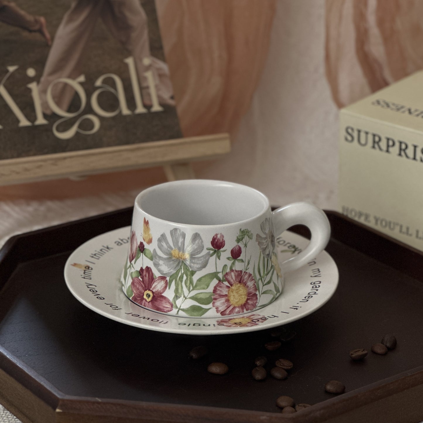 Floral Garden Ceramic Coffee Mug & Saucer Set, Hand-Painted Tea Cup with Gift Box for Women, Elegant Bone China Cup, Luxury Wedding & Housewarming Present