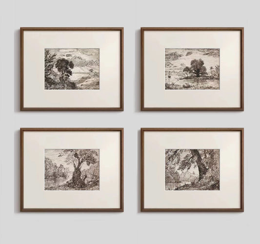 Solid Wood Frame Vintage French Mid-Century Modern Wall Art - Black and White Tree Sketch Drawing, Solid Wood Framed Botanical Art Wall for Living Room, Minimalist Abstract，Wabi-Sabi Inspired Entryway Mural, Ready to Hang Study Room Decor