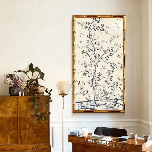 Gold Solid Wood Chinoiserie Wall Art, 'Magpie on Plum Blossom' Print with French Vintage Style, Mid-Century Modern Asian Decor for Dining Room Sideboard, Tropical Oriental Retro Hanging Painting