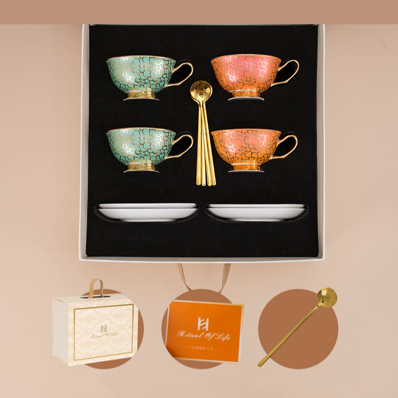 Linguang Bone China Coffee Cup & Saucer Set, Luxury Gold Trimmed Elegant Tea Set for Afternoon Tea, Vintage Ceramic Mugs, Gift Box for Women, Wedding & Housewarming Gift
